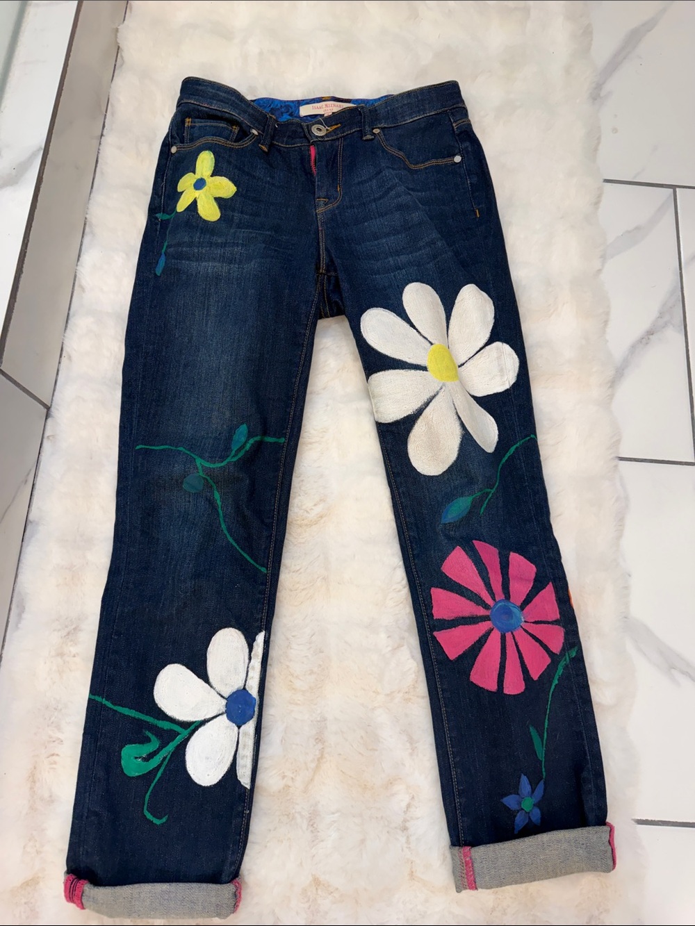 Isaac Mizrahi Dark Wash Jeans with Multicolor Floral hand painted